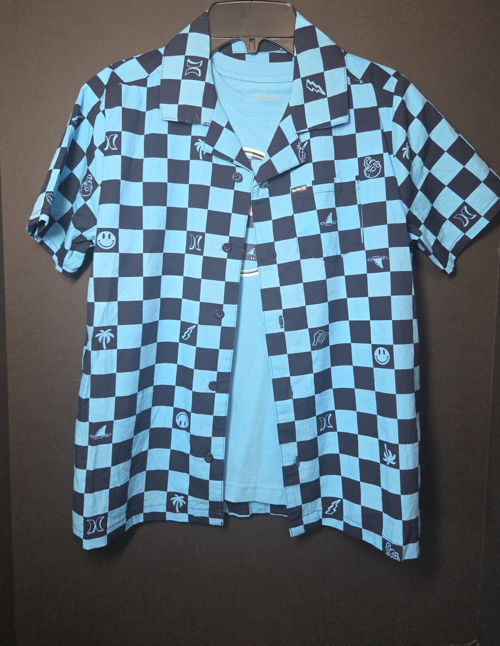 Hurley Blue & Black Checkerboard Short-Sleeve Button Shirt